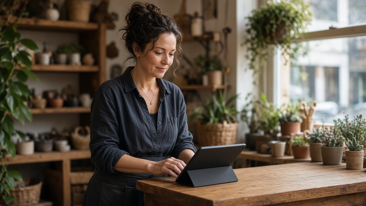 A shop owner reviewing the morning on a tablet