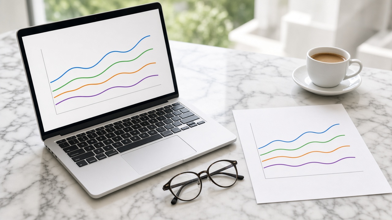 Laptop and a simple chart on a bright table