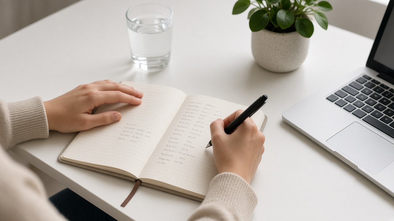 Hands writing a spending plan in a notebook