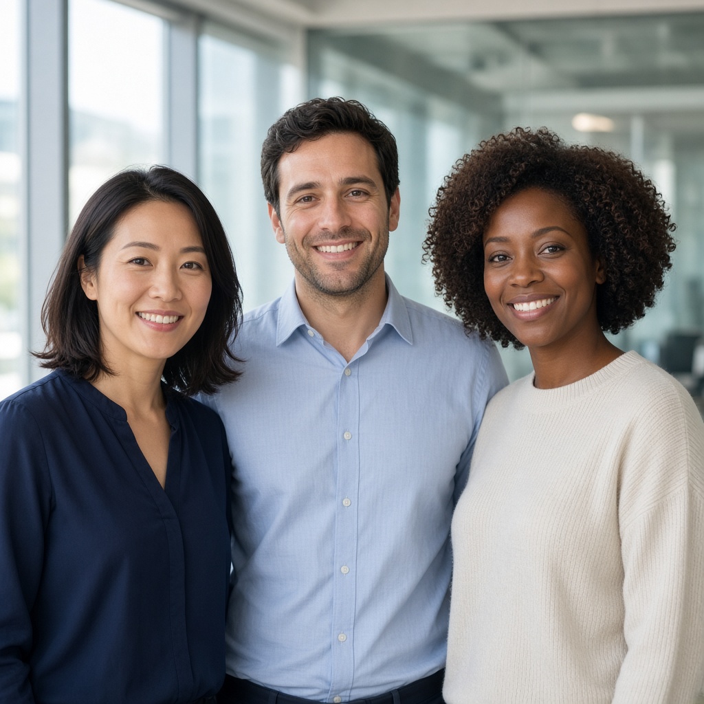 Three Wechathost advisors standing together in a bright office