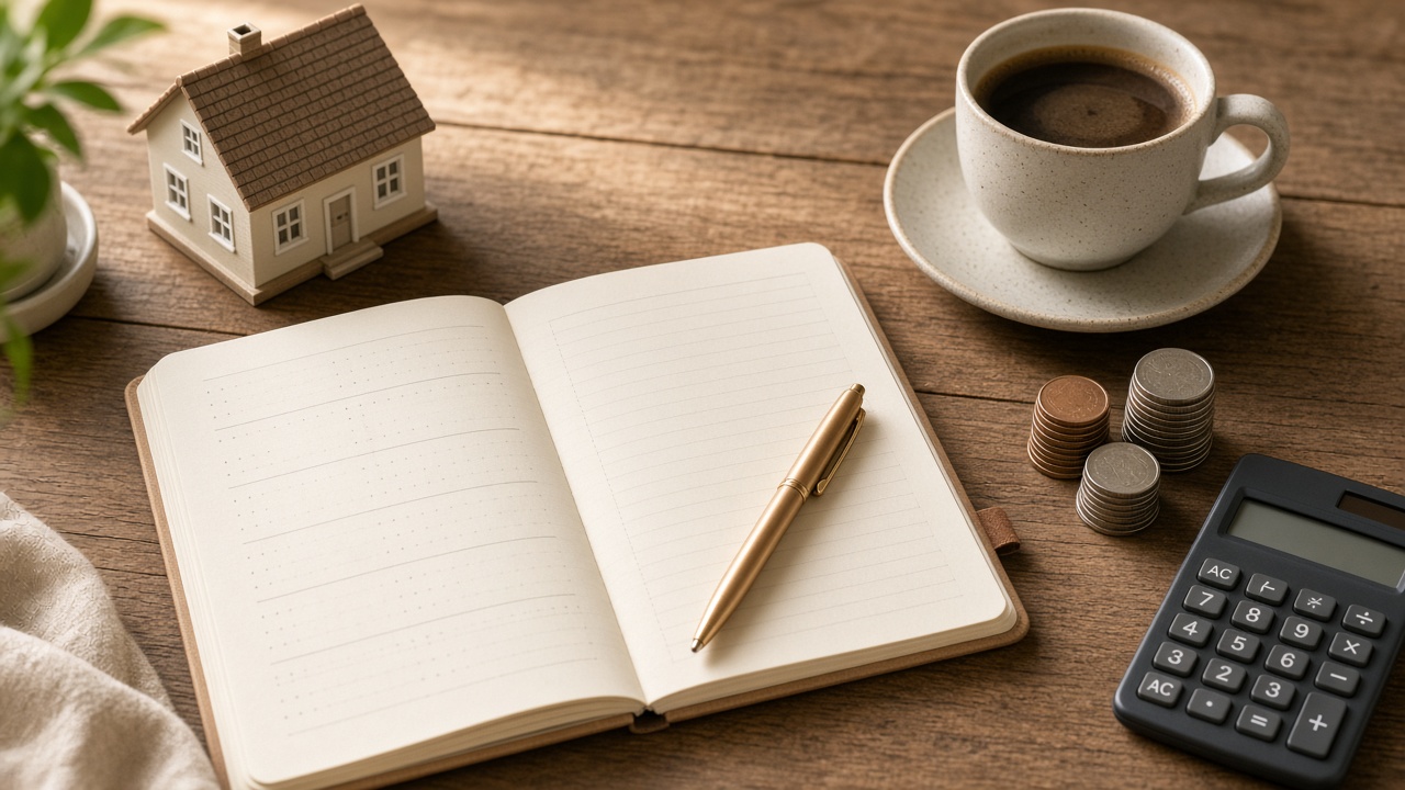 Desk with a notebook, coins, and a small house model
