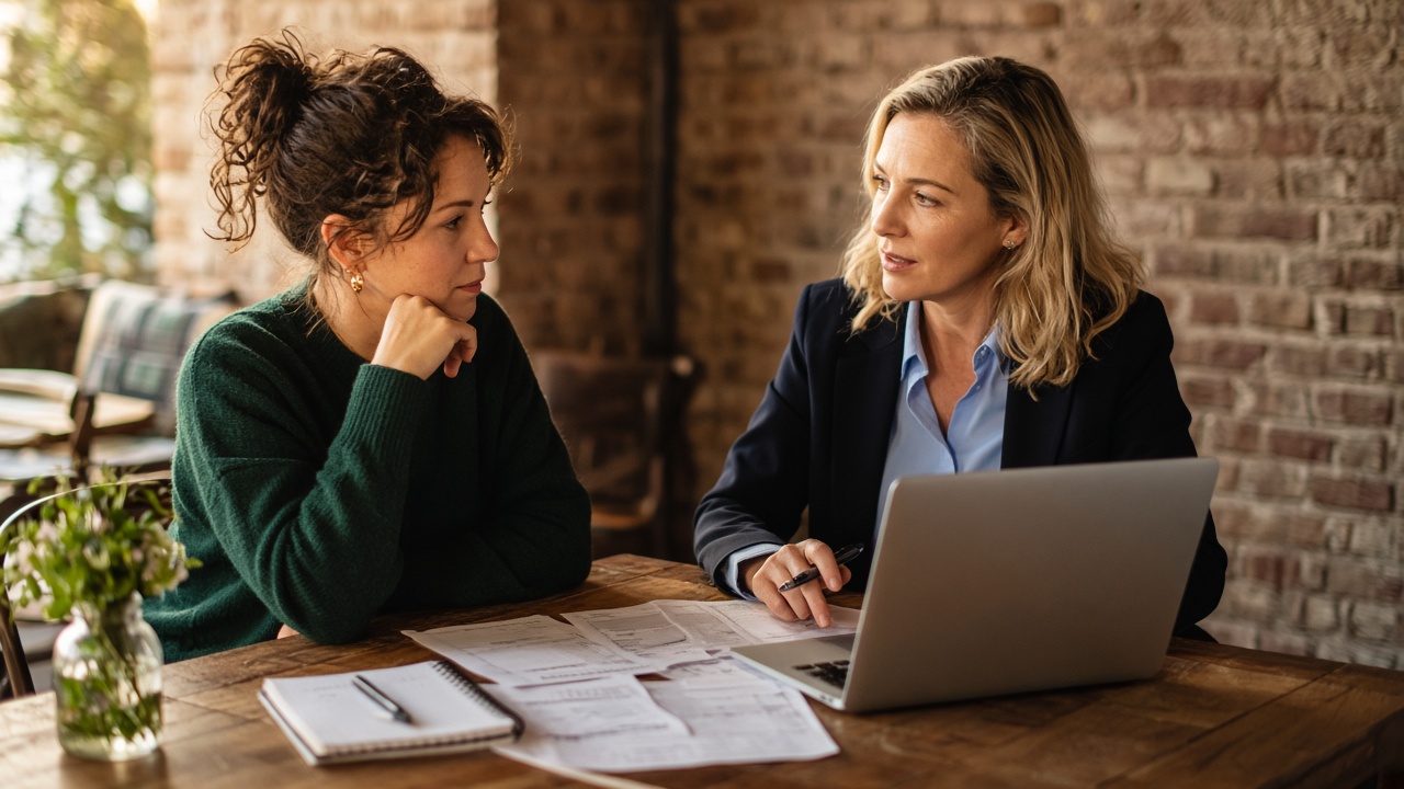 Founder and advisor working through receipts at a cafe