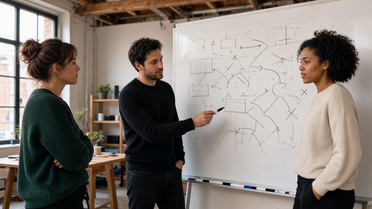 A team sketching a growth plan at a whiteboard