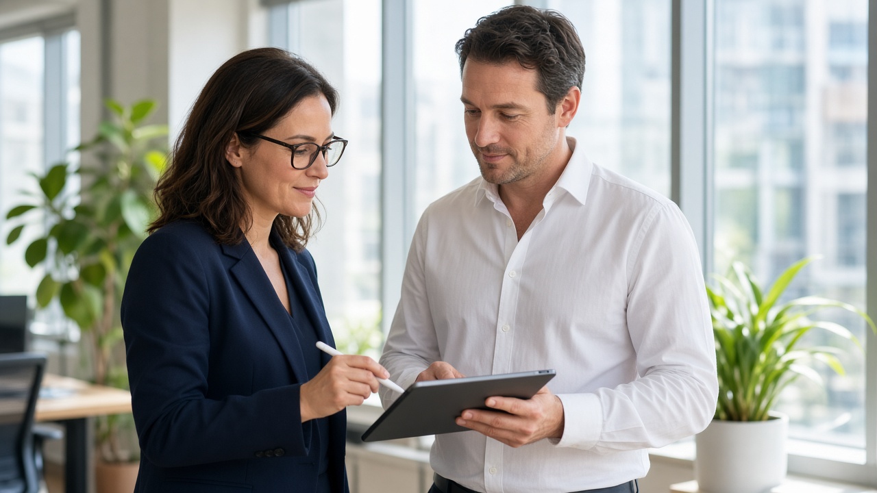 Two advisors reviewing a tablet