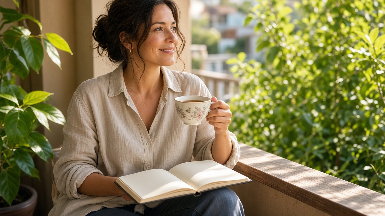 A woman planning with a notebook on a sunny balcony
