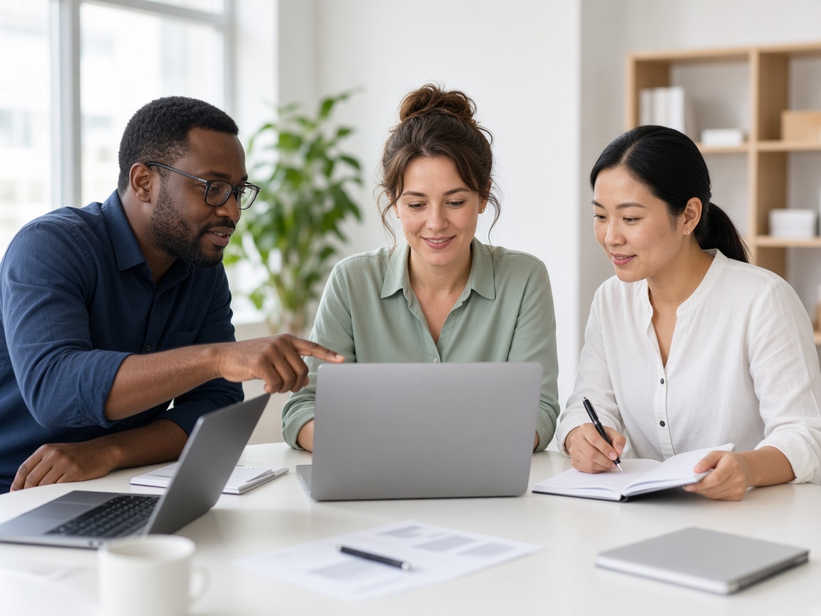 Colleagues comparing notes at a bright desk